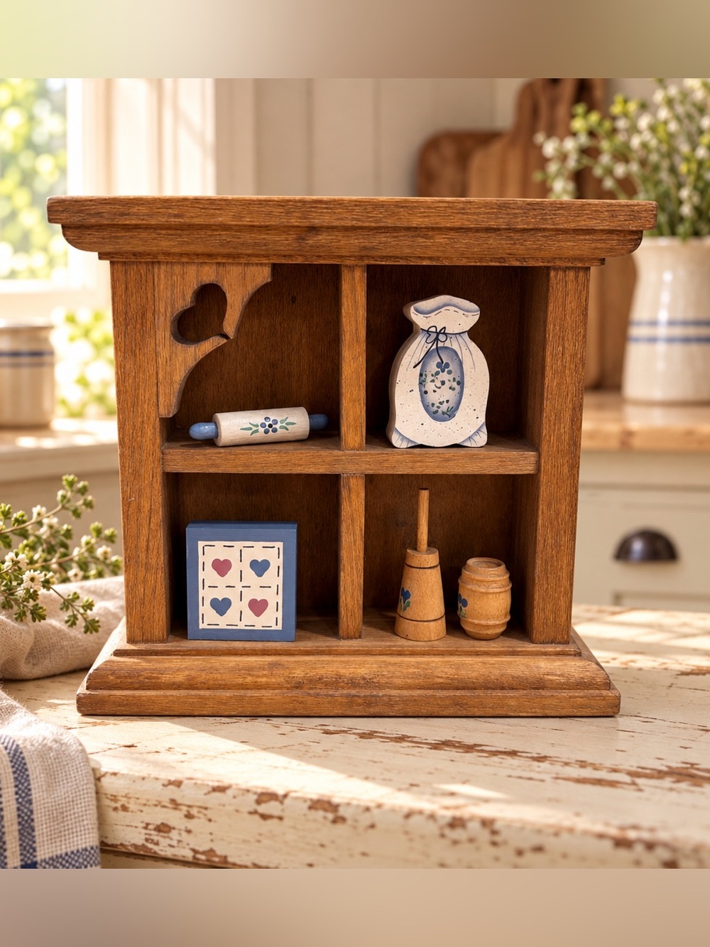 Miniature Wooden Kitchen Hutch Shelf with 5 Accessories | Dollhouse Farmhouse